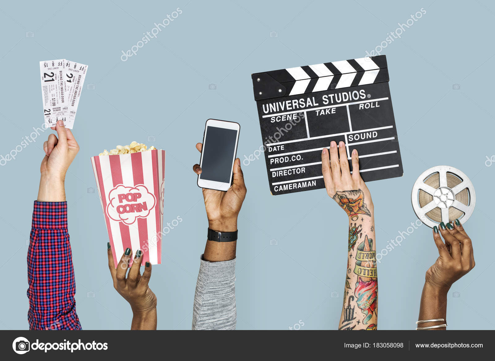 cropped image people hands holding cinema stuff fotografias de