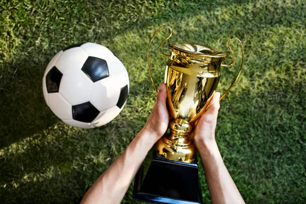 Homem Segurando Prêmio Perto Futebol — Fotografia de Stock