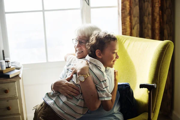 Grandma Grandson Hugging Together — Stock Photo, Image