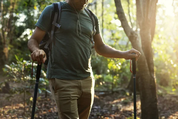 Mann Wandert Mit Trekkingstöcken Dschungel — Stockfoto