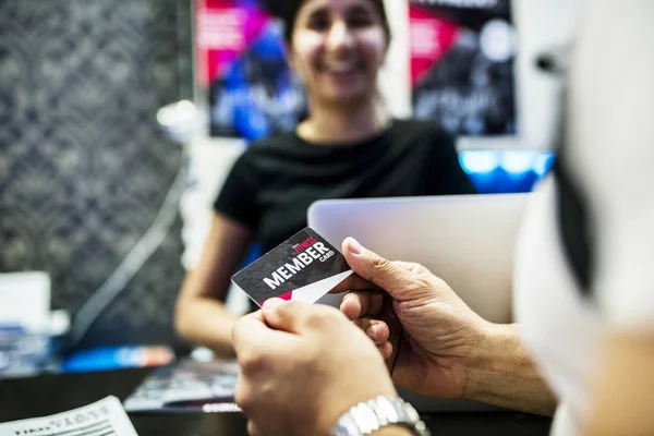 Fitness Membership Concept Man Taking Member Card — Stock Photo, Image