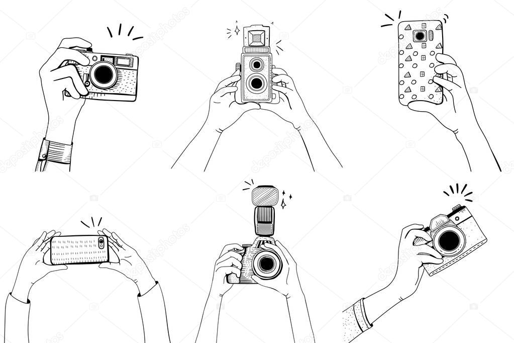 illustration of hands taking photo with vintage cameras 