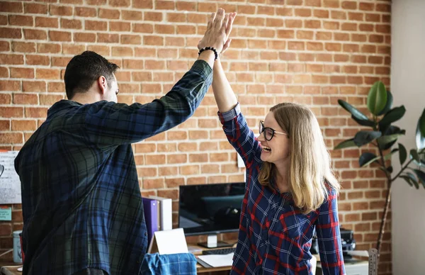 Caucasian Colleagues Give Each Other High Five — Stock Photo, Image