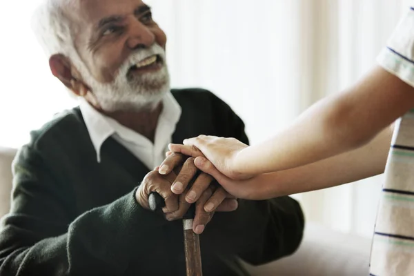 Close Senior Man Hands Holding Walking Cane — Stock Photo, Image