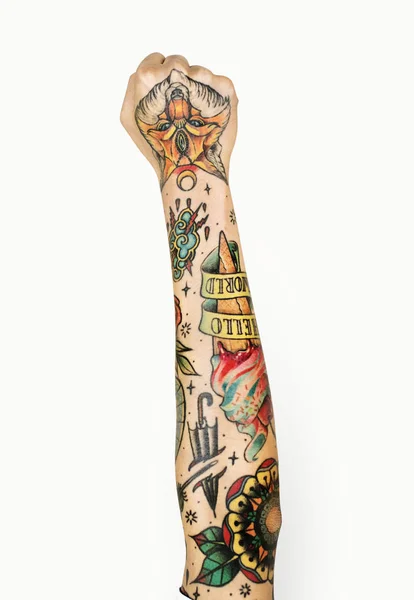 Emberi Kéz Ököl Tetoválás Fehér Háttér — Stock Fotó