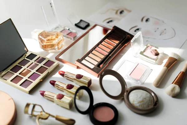 Various Makeup Products White Table — Stock Photo, Image