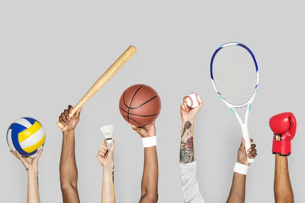Cropped Image People Hands Raised Holding Sport Tools — Stock Photo, Image