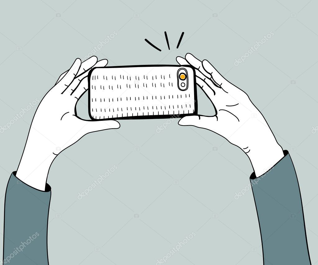 Illustration of hands taking photo with smartphone