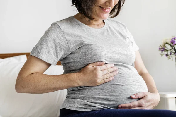 Pregnant Woman Sitting Bed — Stock Photo, Image