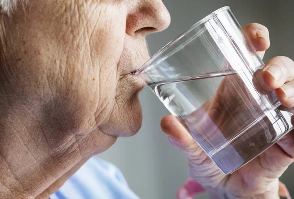 Side View Elderly Woman Drinking Water — Stock Photo, Image