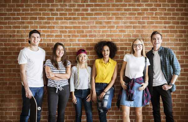Happy Young Adult Group Friends Standing Wall Youth Culture Concept Stock Photo