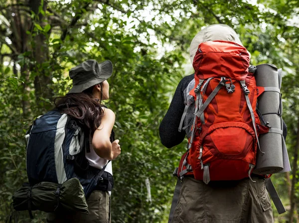 Amigos Trekking Bosque —  Fotos de Stock