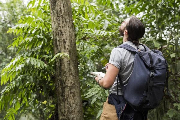 Biólogo Uma Floresta Faz Umas Notas — Fotografia de Stock