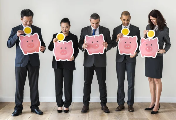 Piggy Bank Ikonok Költségvetési Koncepciójában Gazdaság Üzletemberek — Stock Fotó