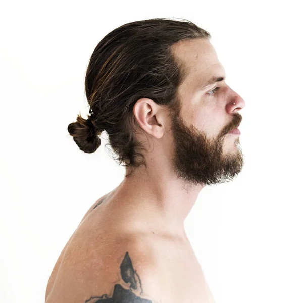 Retrato Homem Tatuado Isolado Sobre Fundo Branco — Fotografia de Stock