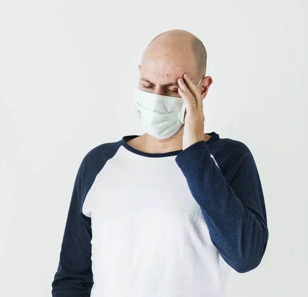 Sick Man Wearing Surgical Mask Having Headache — Stock Photo, Image