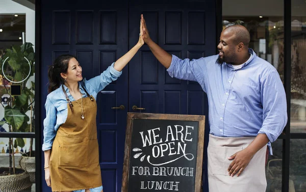 Cheerful Business Owners Standing Open Blackboard Cafe — Stock Photo, Image