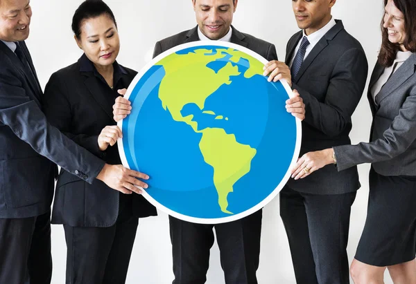 Business People Standing Holding Globe Icon Earth Planet — Stock Photo, Image
