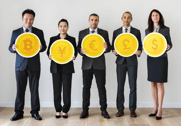 Gente Negocios Monedas Amarillas Iconos Concepto Presupuesto — Foto de Stock