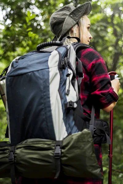 Vrouw Wandeltochten Het Bos — Stockfoto