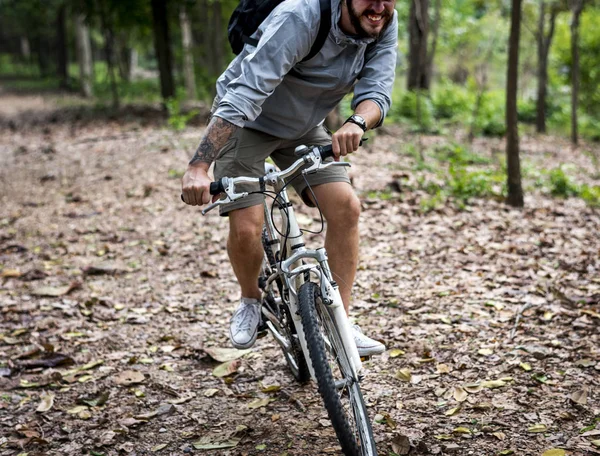 Group Friends Ride Mountain Bike Forest Together Stock Photo