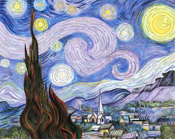 Van Gogh Sterrennacht Volwassene Kleurplaat Pagina — Stockfoto