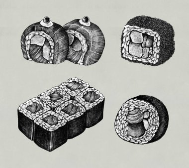 Çizilmiş suşi Japon gıda el