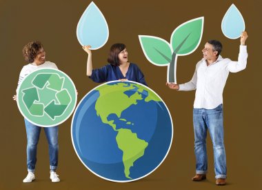 People with environment and recycling icons clipart
