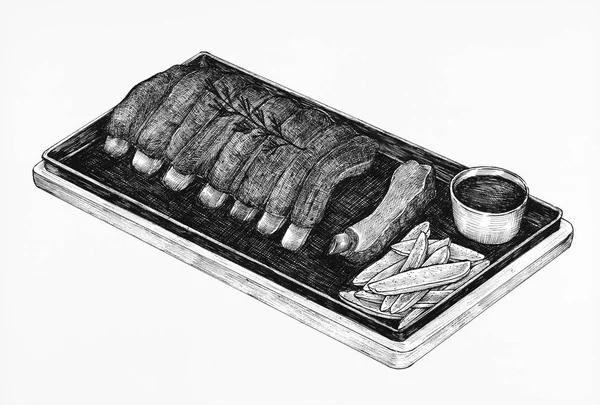Barbecue Handgetekende Ribben Een Dienblad — Stockfoto
