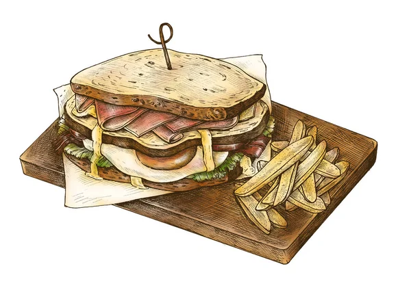 Ręcznie Rysowane Club Sandwich Frytkami — Zdjęcie stockowe