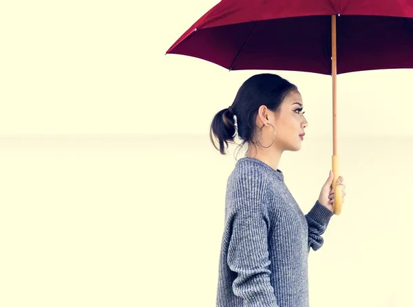 Side View Asian Woman Umbrella — Stock Photo, Image