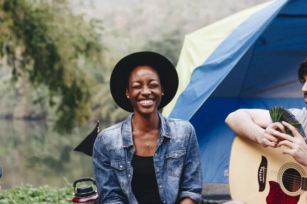 Mujer Feliz Camping —  Fotos de Stock
