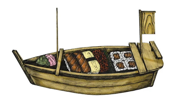Barco Sushi Desenhado Mão — Fotografia de Stock