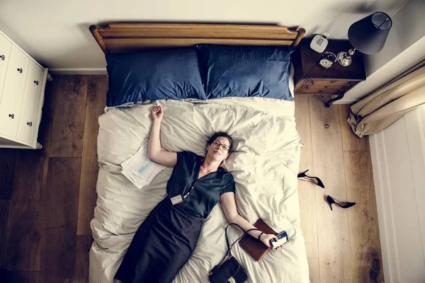 Exhausted Business Woman Falling Asleep Soon She Came Back Home — Stock Photo, Image