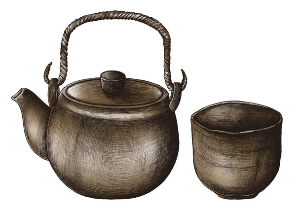 Kézzel Rajzolt Zöld Tea Set — Stock Fotó