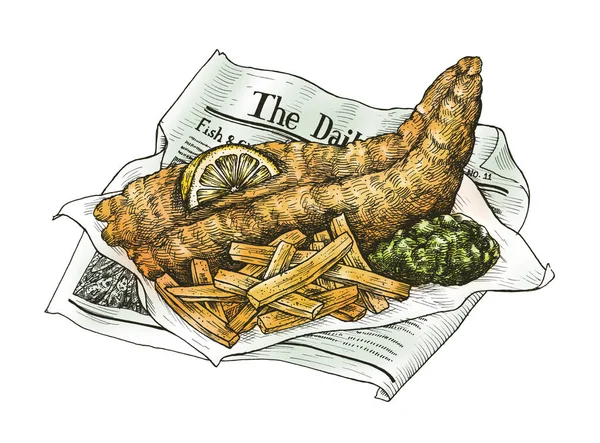 Peixe Batatas Fritas Desenhados Mão — Fotografia de Stock