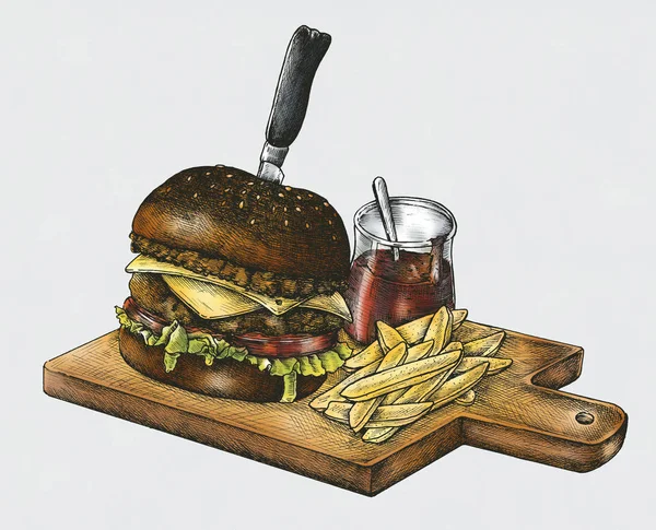 Handgetekende Hamburger Friet — Stockfoto