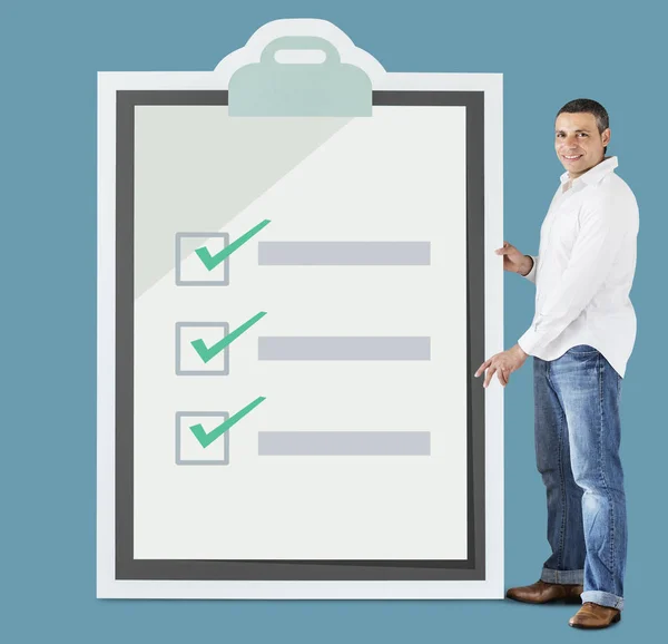 Man Holding Big Clipboard Mockup — Stock Photo, Image