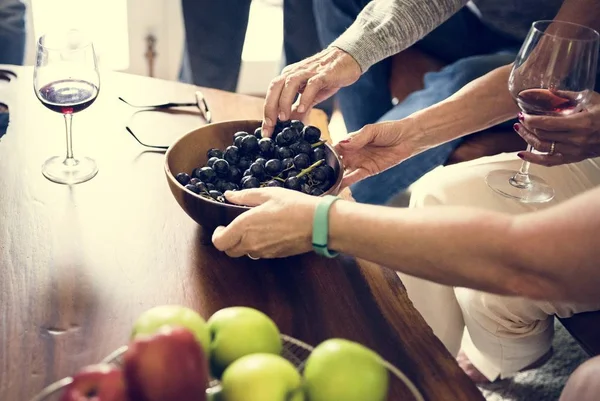 Group Friends Gathering Together Eating Fruits Drinking Wine — Stock Photo, Image