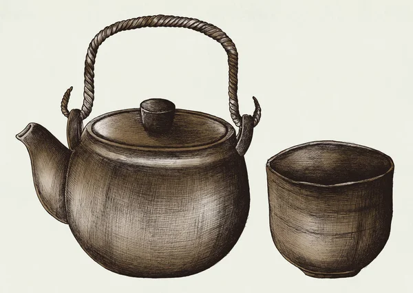 Kézzel Rajzolt Zöld Tea Set — Stock Fotó