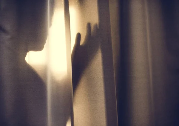 Ανθρώπινη Σκιά Πίσω Από Μια Κουρτίνα — Φωτογραφία Αρχείου