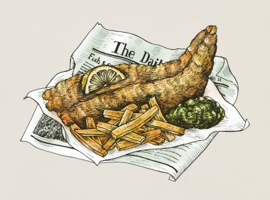 Elle çizilmiş balık ve cips