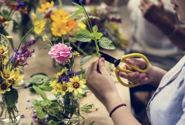 Çiçekçi kadın kesme çiçek makasla kırpılmış görüntü 