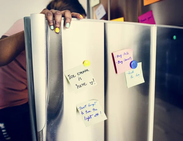 African Descent Woman Opening Fridge — Stock Photo, Image