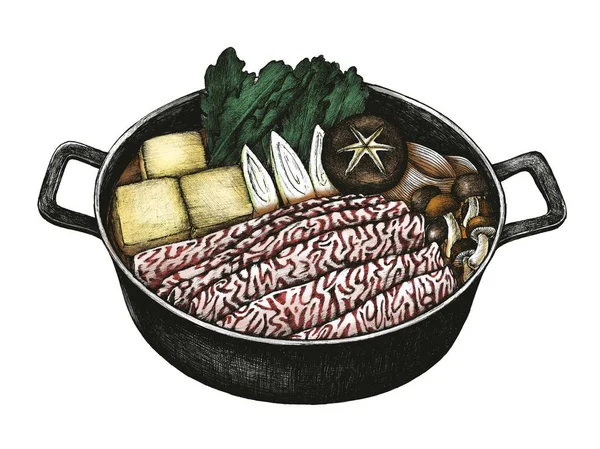 Ručně Tažené Sukiyaki Japonské Jídlo — Stock fotografie