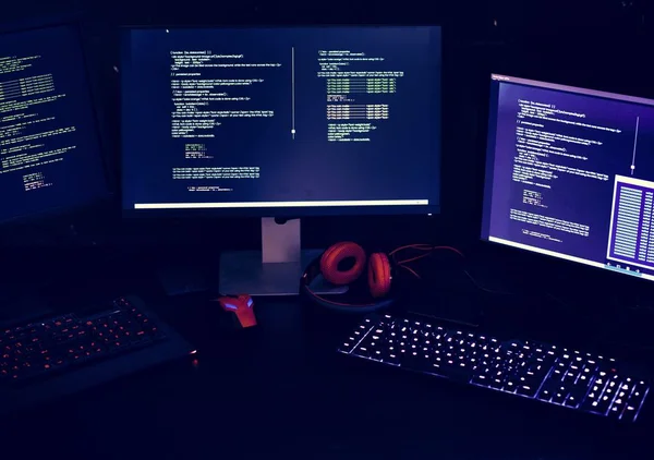 Software Código Cibercrime Computador Monitores — Fotografia de Stock