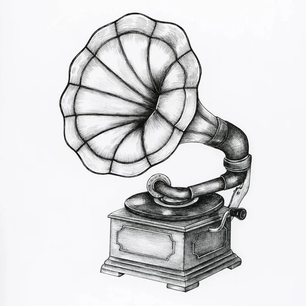 Gramofone Desenhado Mão Isolado Fundo — Fotografia de Stock