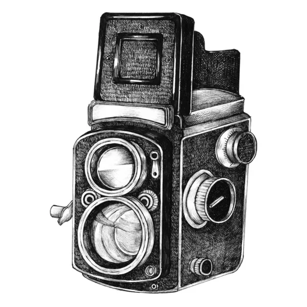 Ručně Kreslené Retro Kamera Izolované Pozadí — Stock fotografie