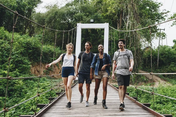 Grupo Amigos Caminando Puente Una Aventura Campestre Tropical Concepto Viaje —  Fotos de Stock