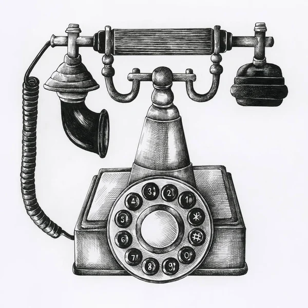 Hand Drawn Retro Line Telephone Isolated Background — Stock Photo, Image